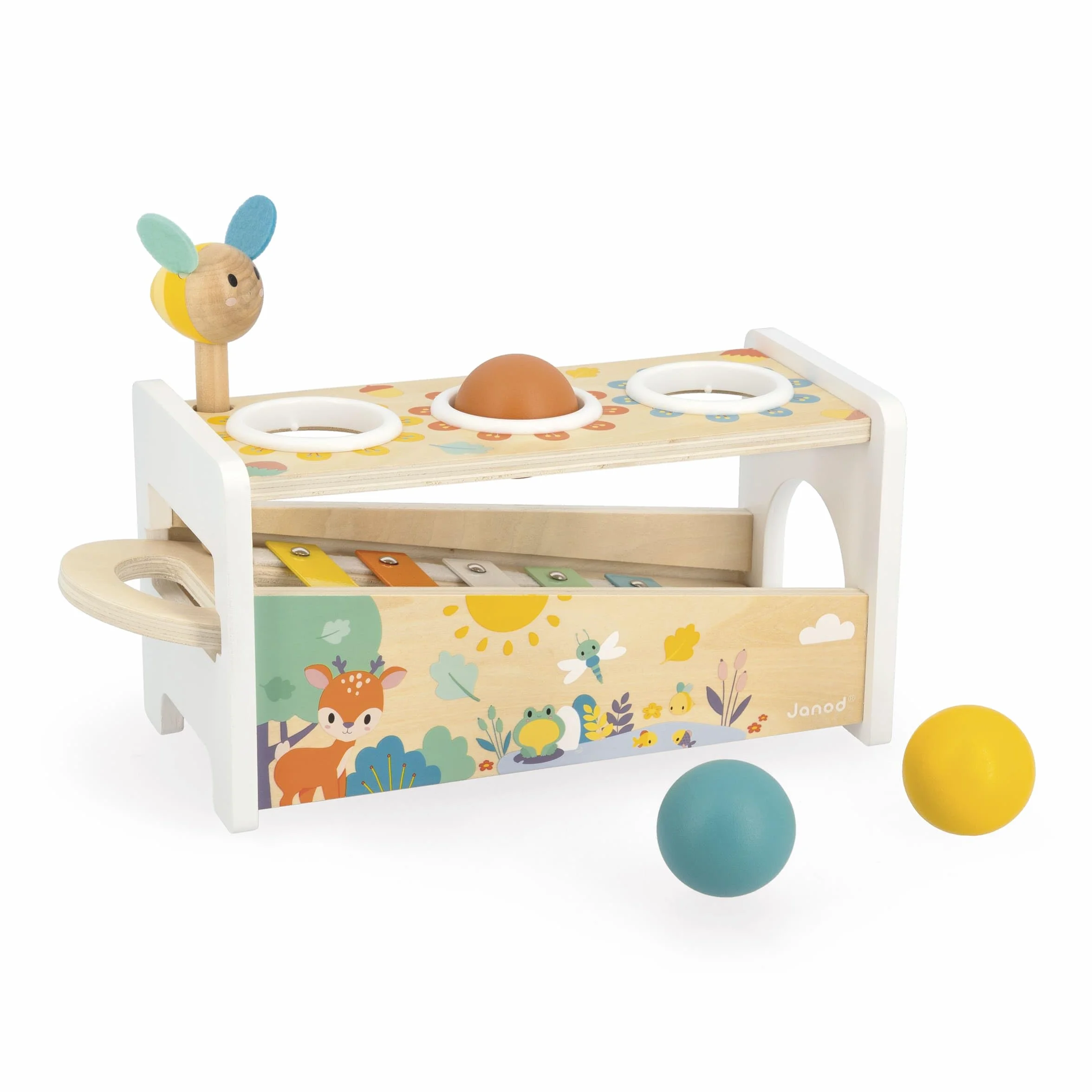 Janod - Tap Tap Xylo Pure - Gioco in Legno 2 in 1 - Gioco Musicale e di Abilità - con 3 Palline + Martello + Xilofono - A Partire dall'anno, J05155