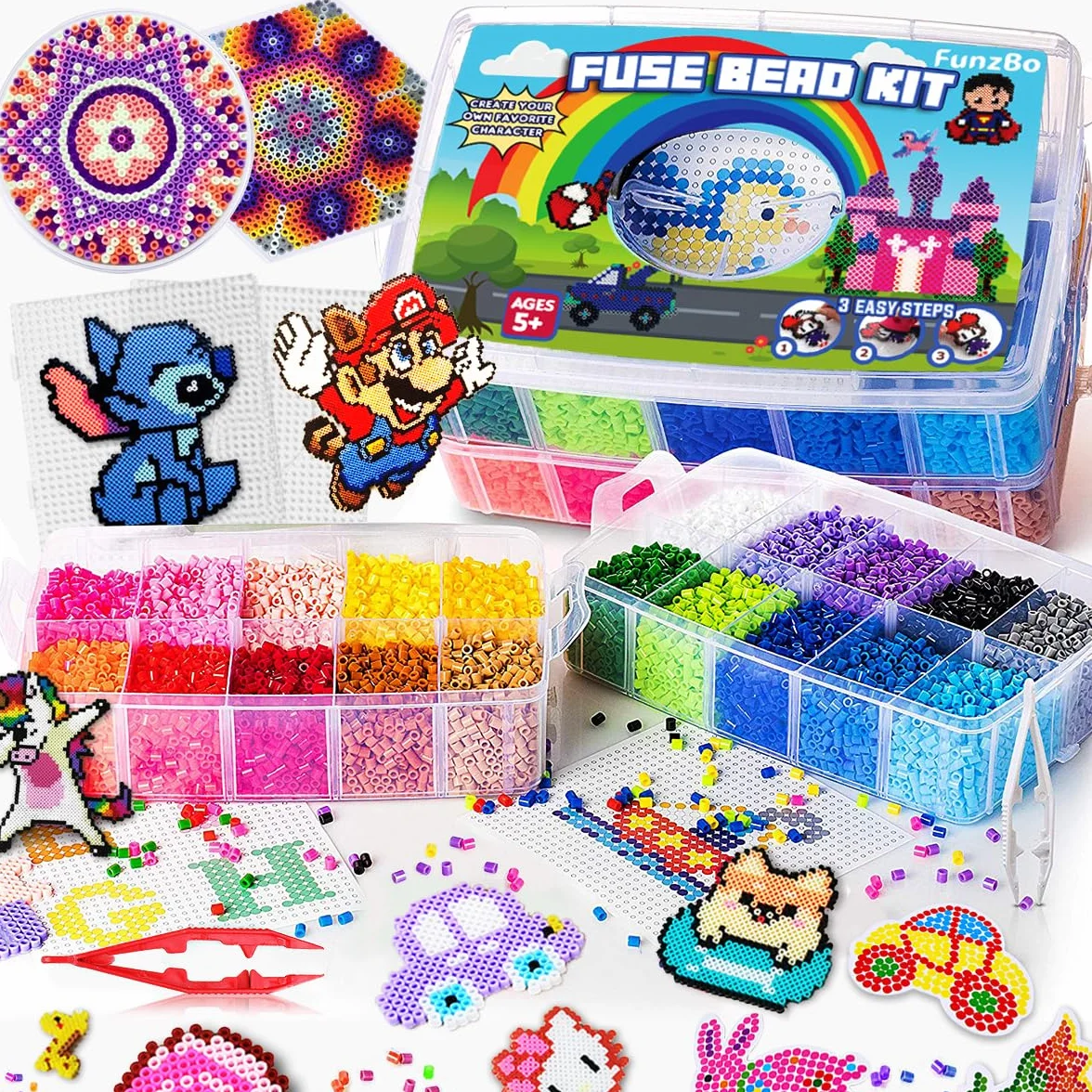 FunzBo Set di Perline da Stirare 23000 Pezzi con 106 Schemi - Perline Piatte 5mm per Bambini da 6 Anni, Adulti e Appassionati di Fai da Te, Ideale per Creatività, Relax Meditativo e Tempo in Famiglia