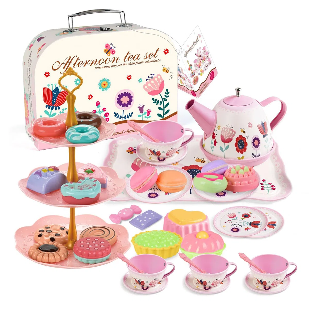 46 Pezzi Set da tè per Bambini Accessori per Cucina Giocattolo Valigetta con Giocattoli da Dessert con Tazze Piatti e Accessori Servizio da tè Completo per Regalo Giocattoli Bambine 3-9 Anni