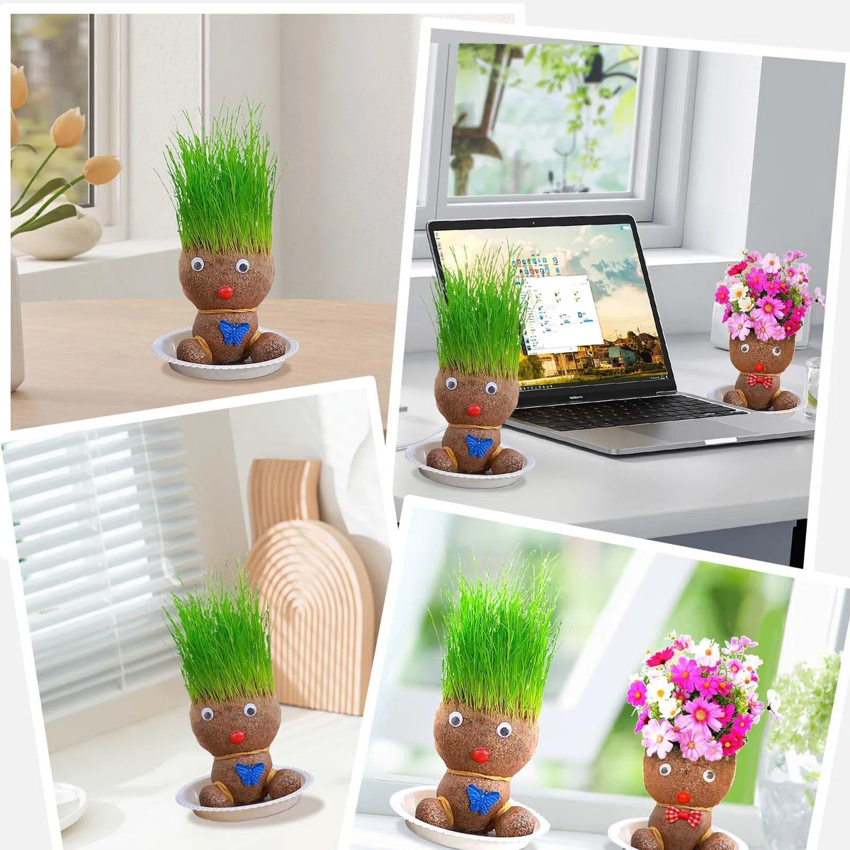 Testa di erba per bambole, testa di erba, testa di erba, pianta per bambini, mini bonsai erba, testa di fiori, testa di erba, bonsai con vassoio piante in vaso per camera da letto