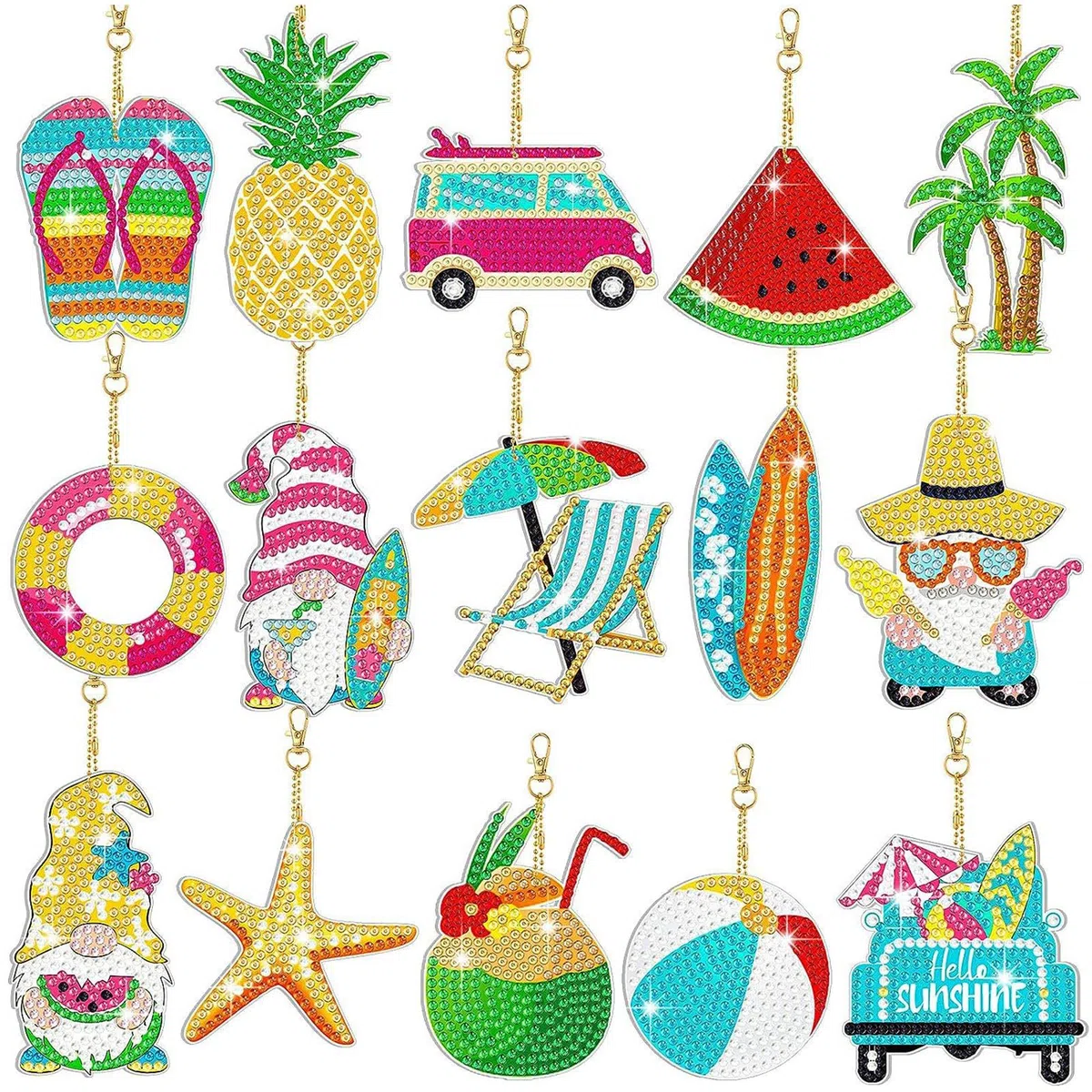 15 Pezzi Doppio Lato Diamante Portachiavi Kit Stili Hawaiani Estiva Diamond Painting Portachiavi Keychain per Bambini Adulti Principianti Pittura Diamante Fai da te Mosaico Decorativi Ciondolo Regali