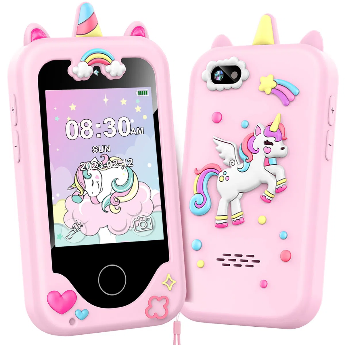 Telefono per bambini per ragazze, unicorni, regali per ragazze dai 3 ai 10 anni, giocattoli di Natale per bambini, giocattoli per bambini con touch screen, con doppia fotocamera, gioco, lettore