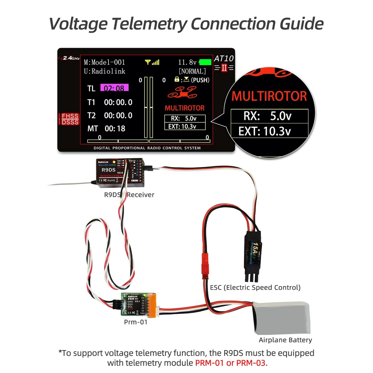 Radiolink PRM-01 Modulo di telemetria di tensione Telemetria in tempo reale (1S-6S) facile da collegare, nessun controllo di volo necessario, funziona con AT9S Pro e AT10II, con cavo di collegamento