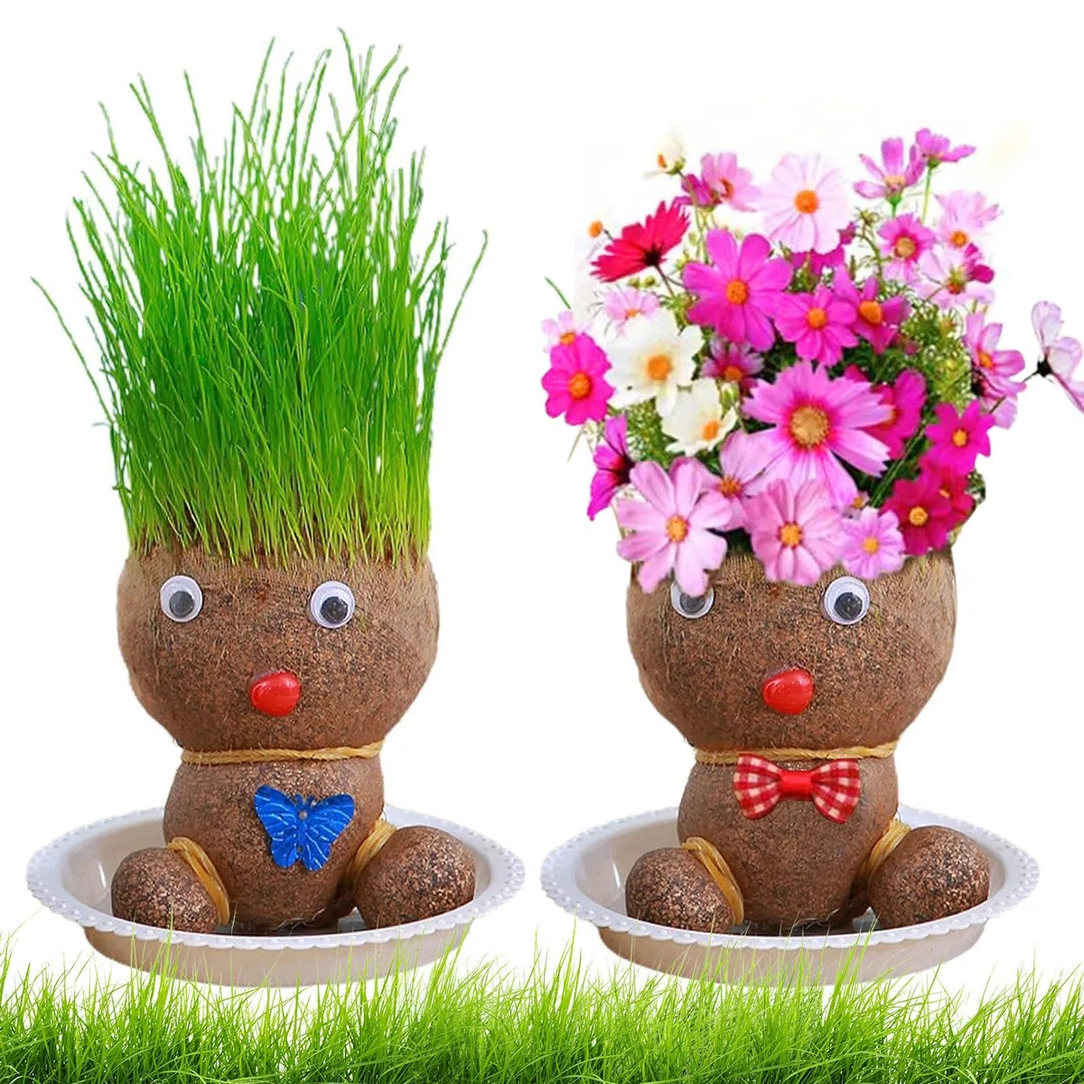 Testa di erba per bambole, testa di erba, testa di erba, pianta per bambini, mini bonsai erba, testa di fiori, testa di erba, bonsai con vassoio piante in vaso per camera da letto