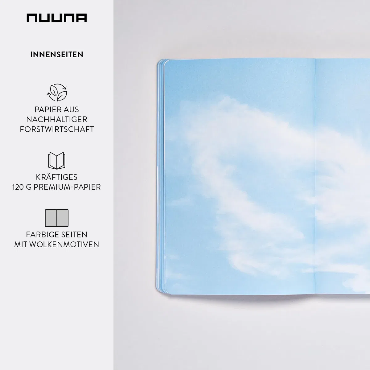 nuuna Inspiration Book M Quaderno A5, pagine colorate blu nuvola con motivi, 120 g, carta di alta qualità, JeansLabel grigio, prodotto in Germania in modo sostenibile