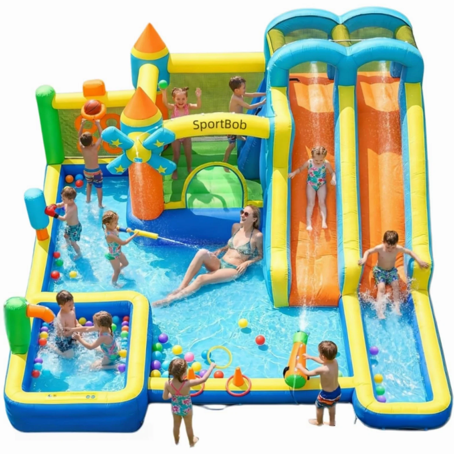 Castello gonfiabile con doppio scivolo, ventola, piscina per bambini, area per salti e parete da arrampicata, ideale per uso interno ed esterno, riunioni di famiglia e occasioni di compleanno