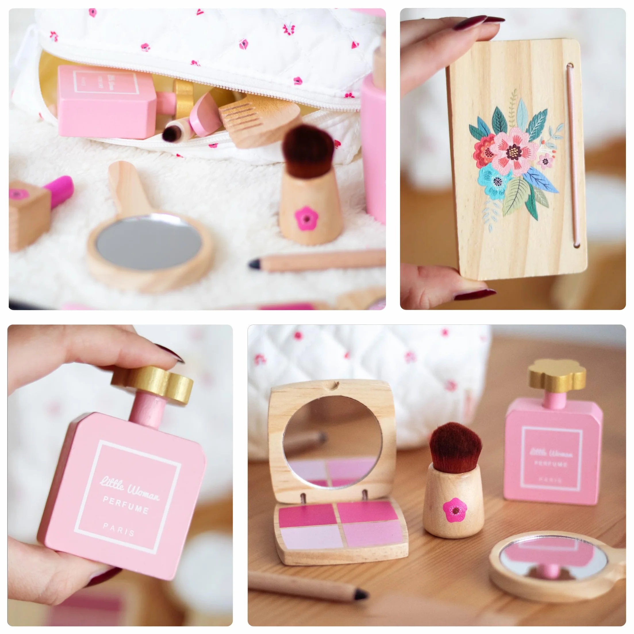 UMU Set trucco per bambini in legno – cosmetici e trucco set con trucco, rossetto, profumo, cipria e trousse – trucco per bambini da 3 4 5 6 anni