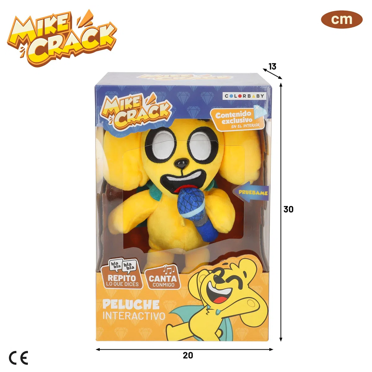 ColorBaby Mikecrack, peluche interattivo, cane Mike, con musica, registrazione e riproduzione vocale, giocattolo personaggio Youtube, 29 cm, canta cioccolato con mandorle, ripeti quello che dici