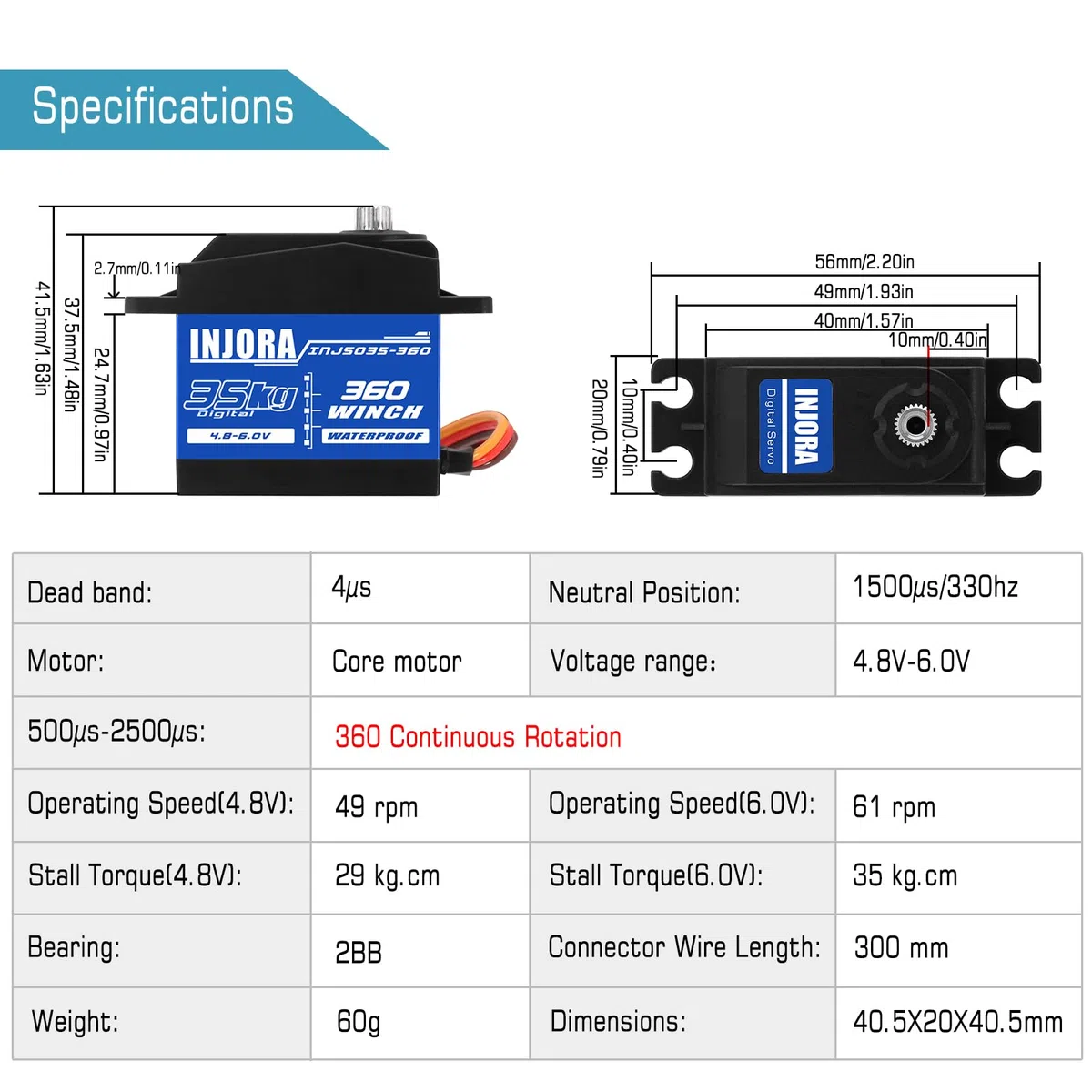INJORA 35KG Digitale Servo Impermeabile Rotazione 360 per RC Crawler Modello Barca Auto