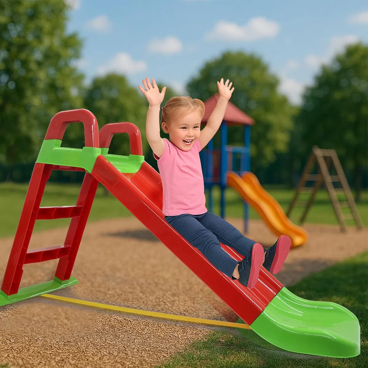Jamara 460501 - Scivolo Funny Slide, in materiale durevole, con erogazione antiscivolo per atterraggio delicato, gradini ampi e maniglie di sicurezza, colore: Rosso, 145 x 59 x 79 cm