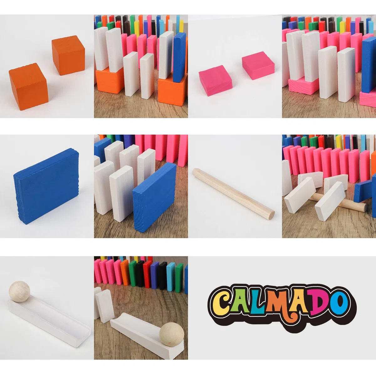 Calmado - Domino in Legno 370 Pezzi – Set Domino Rally per Bambini e Famiglia – Tessere Colorate per Costruire e Giocare – Edizione Party XXL con Borsa, Istruzioni e Accessori