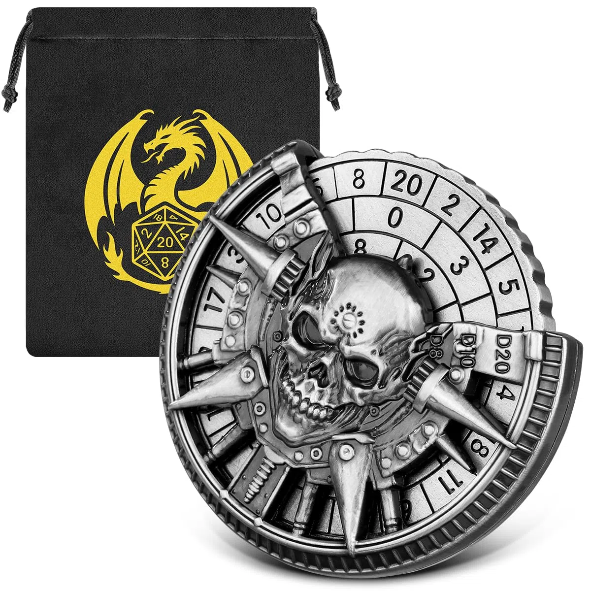 Teschio Roulette Dadi Spinner, 7-in-1 Metallico Spinner Dadi DND, Teschio Fidget Spinners, Regali di D&D con Sacchetto Regalo Logo Drago, Giochi di Ruolo, Accessori per Giochi da Tavolo, Argento Scuro