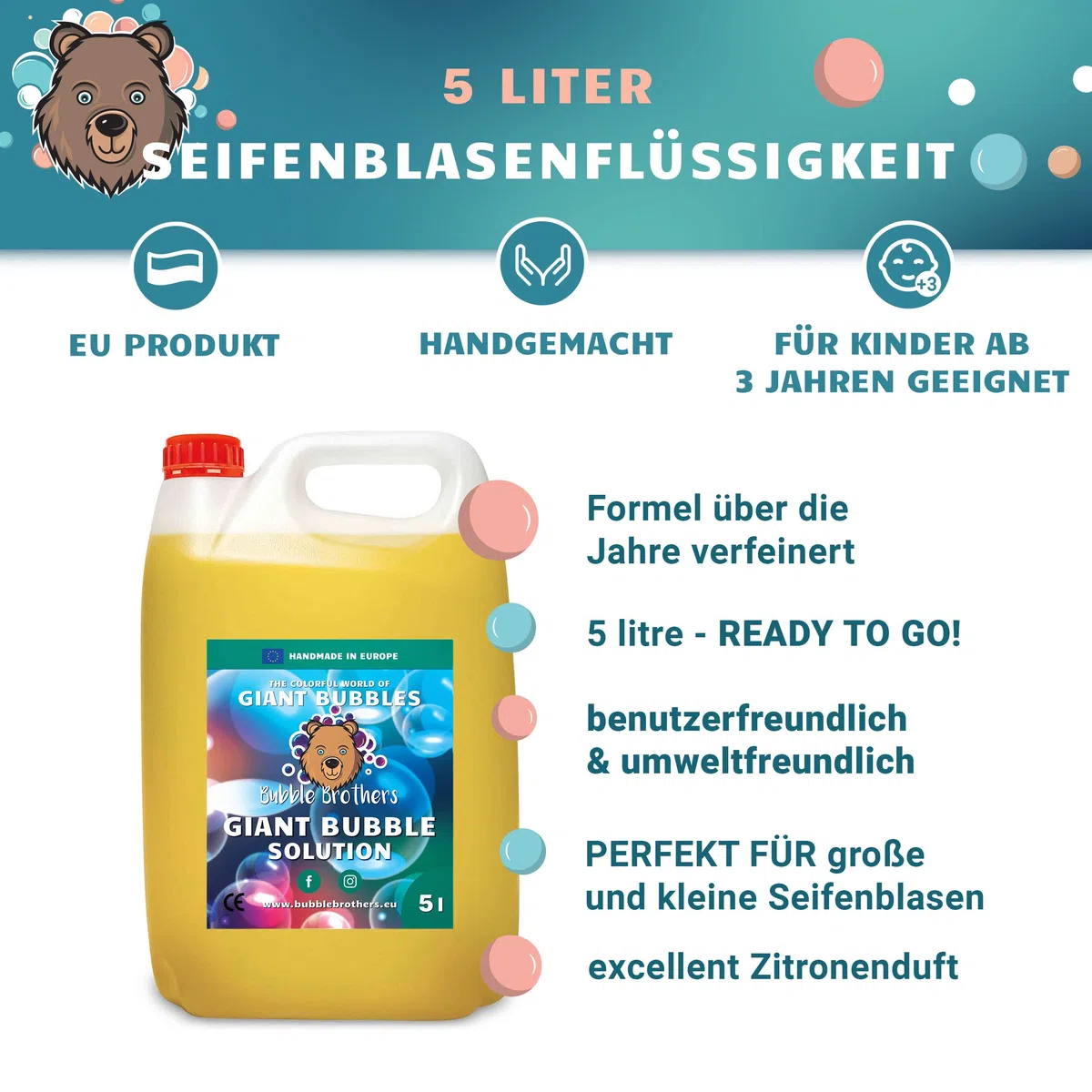 Bubble Brothers Liquido per bolle di sapone da 5 litri per bolle di sapone giganti e normali bolle di sapone, bottiglia di ricarica da 5 l (5 litri)