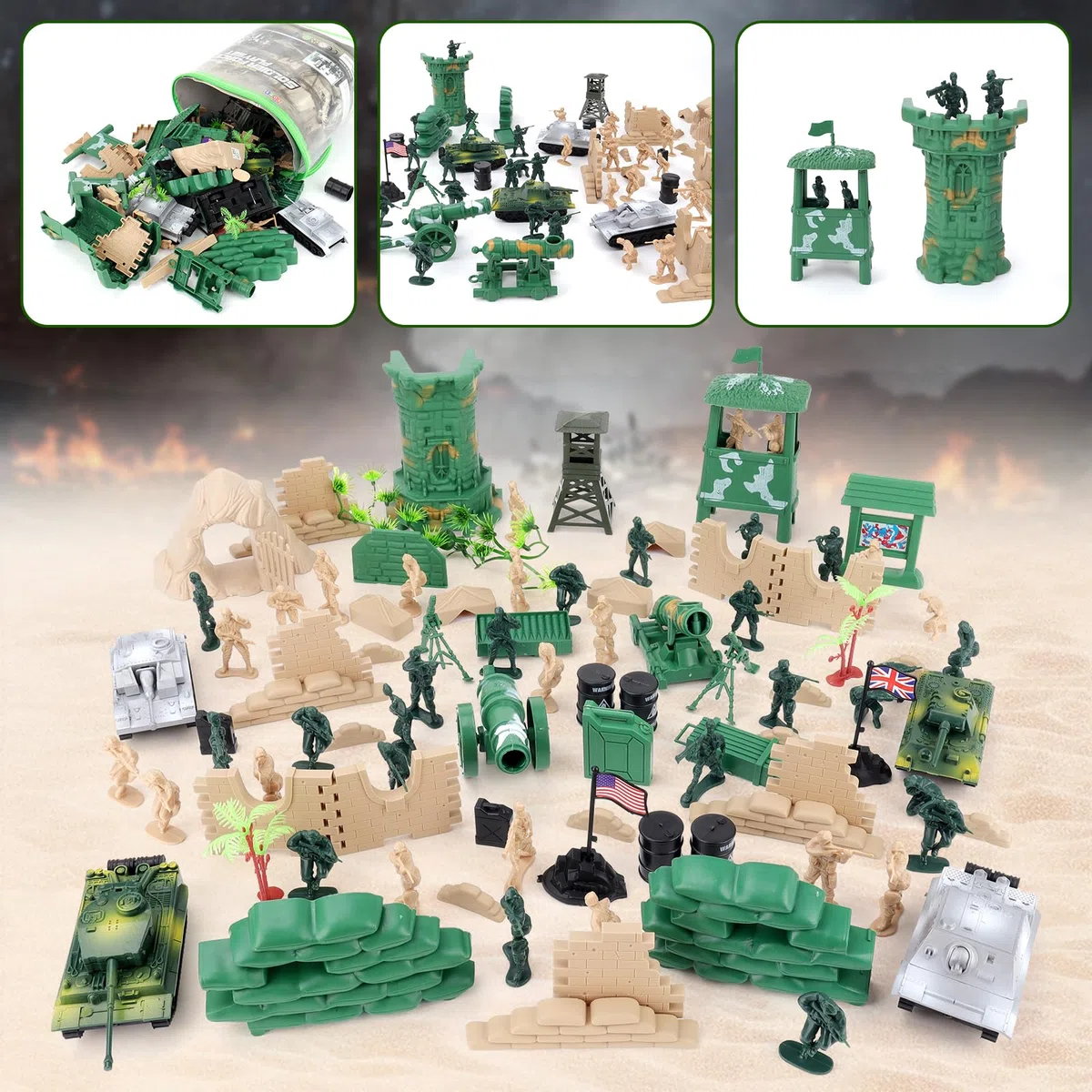deAO Set di Gioco Militare da 100 Pezzi con Soldati in Miniatura; Personaggi Militari; Serbatoi; Aerei; Bandiere; Accessori per Trasporto e Combattimento