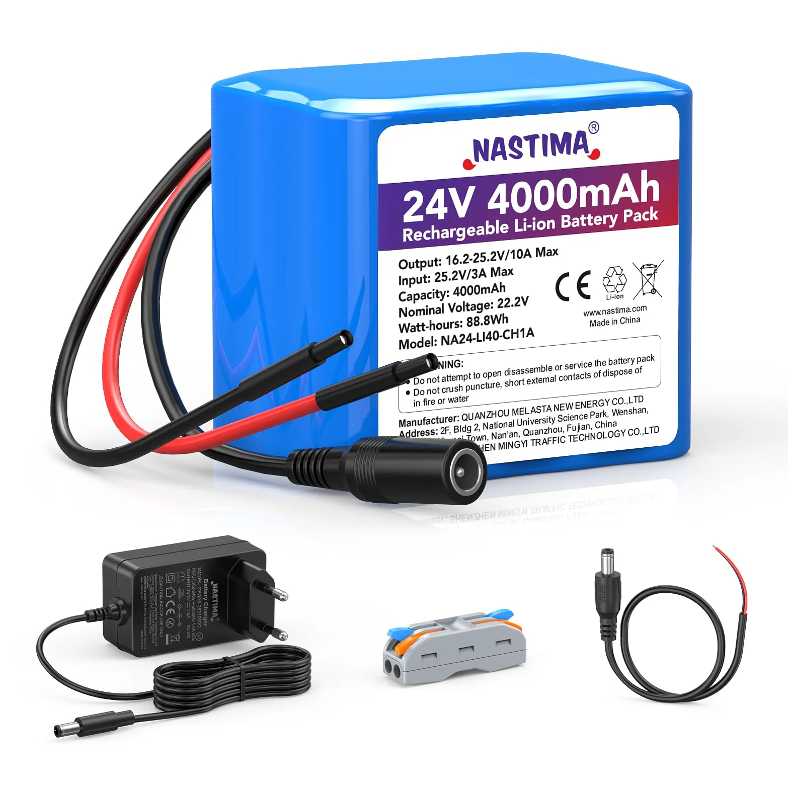 NASTIMA 4000mAh 88,8Wh 24V Batteria Ricaricabile Agli Ioni di Litio Adatto per Altoparlanti Bluetooth, Impianti Solari, Auto RC, Fai da Te, ecc. Include Caricabatterie e Connettore