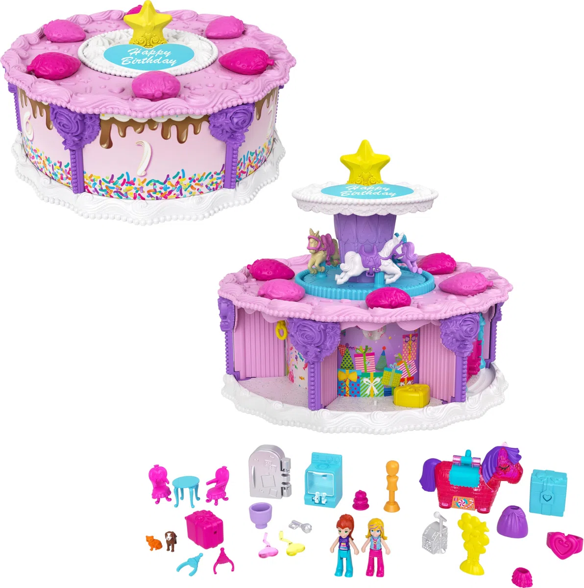 Polly Pocket- Playset Torta delle Sorprese a Tema Compleanno con Carosello di Unicorni e Tanti Accessori, Giocattolo per Bambini 4+Anni, GYW06