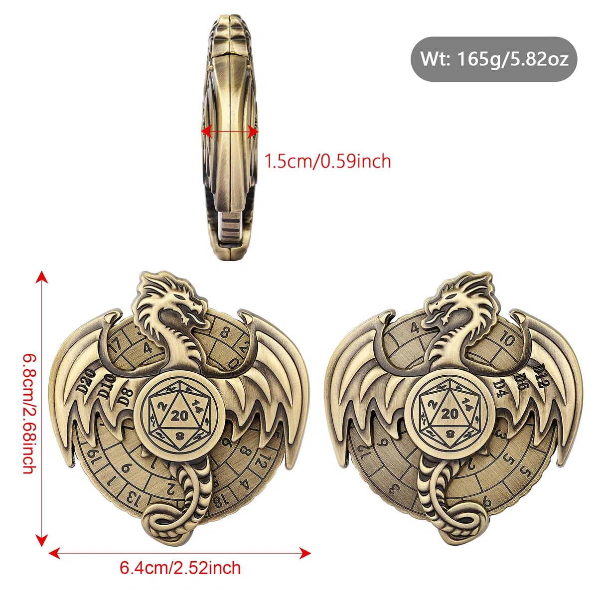 DND Ruota Dadi Spinner - 7-in-1 Drago Metallici D&D con Roulette, Gyro di Dito, Scatola Regalo, Accessori per Giochi di Ruolo e Società - Bronzo