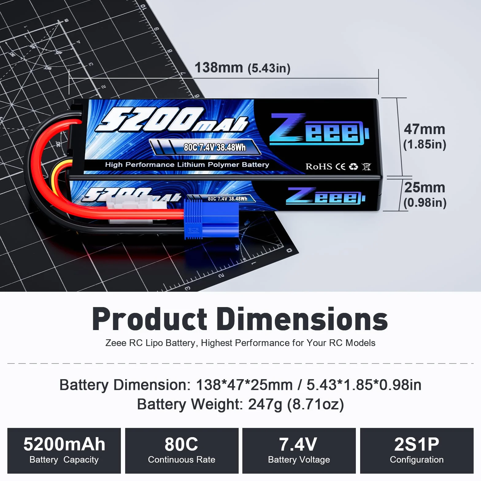 Zeee 2S Lipo Batteria 7,4V 80C 5200mAh RC Batteria Hardcase con Connectore EC5 Spina per RC Evader BX RC Veicolo Auto LKW Truggy RC Nave RC Modells RC Hobby (2 pezzi)
