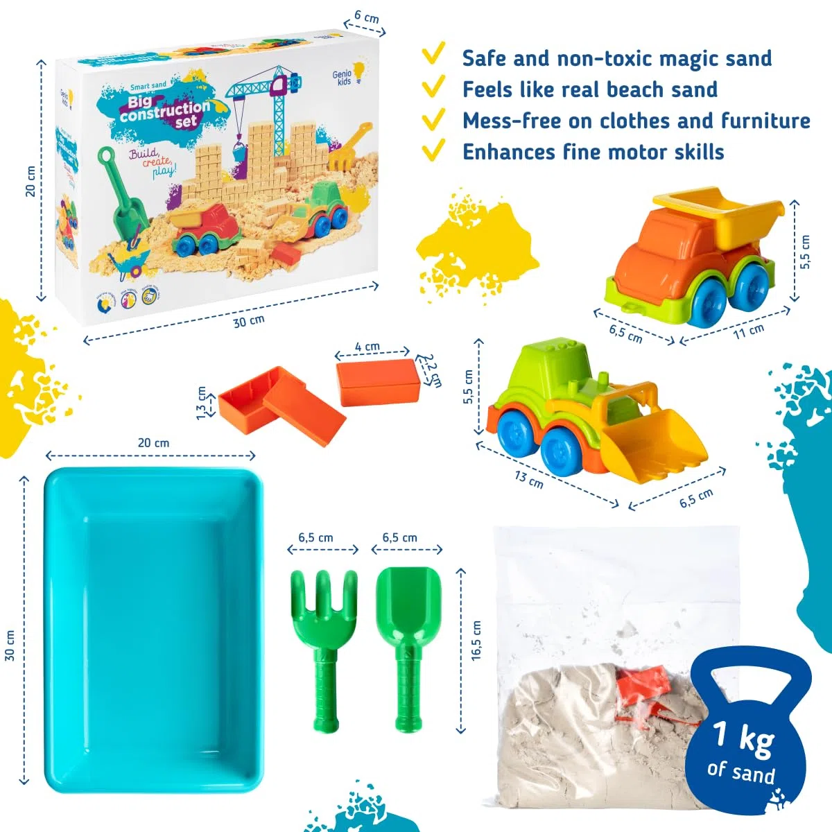 Genio Kids Set Sabbia Magica Costruzione - 1 kg di Sabbia per Bambini con Camion e Escavatore, Sabbiera e Accessori, Gioco Creativo e Sensoriale, Regalo per Bambini 3 4 5 6 7 8 Anni