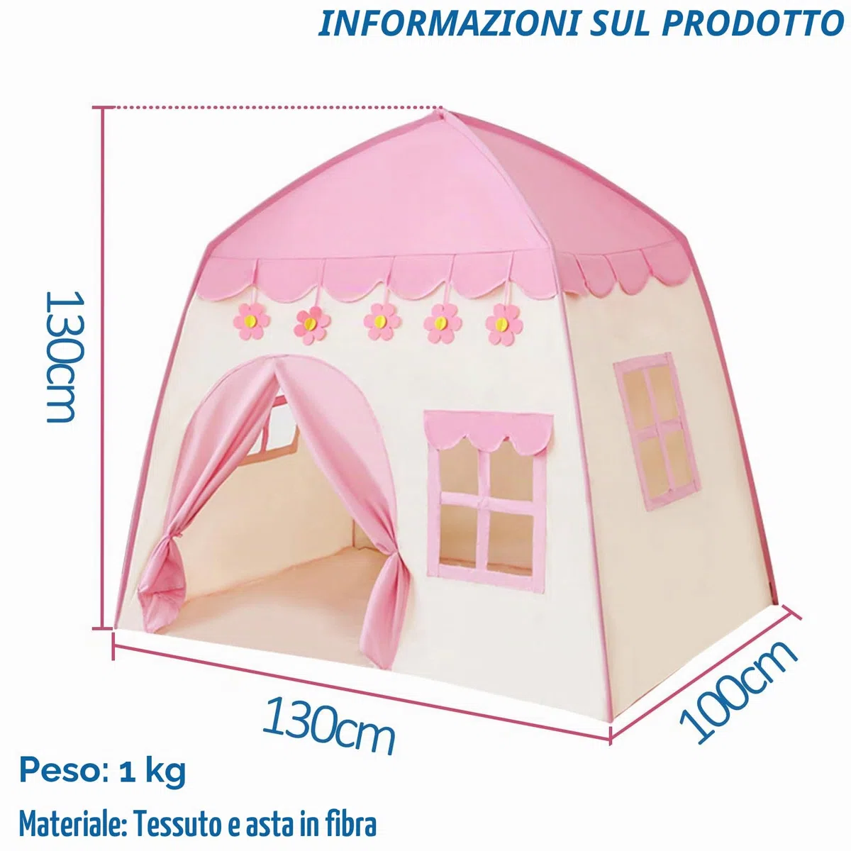 Tenda da gioco per bambini Tenda per Bambini interni 130 x 100 x 130 cm, grande tenda da gioco per bambini, casetta giocattolo per ragazze, principessa (rosa)