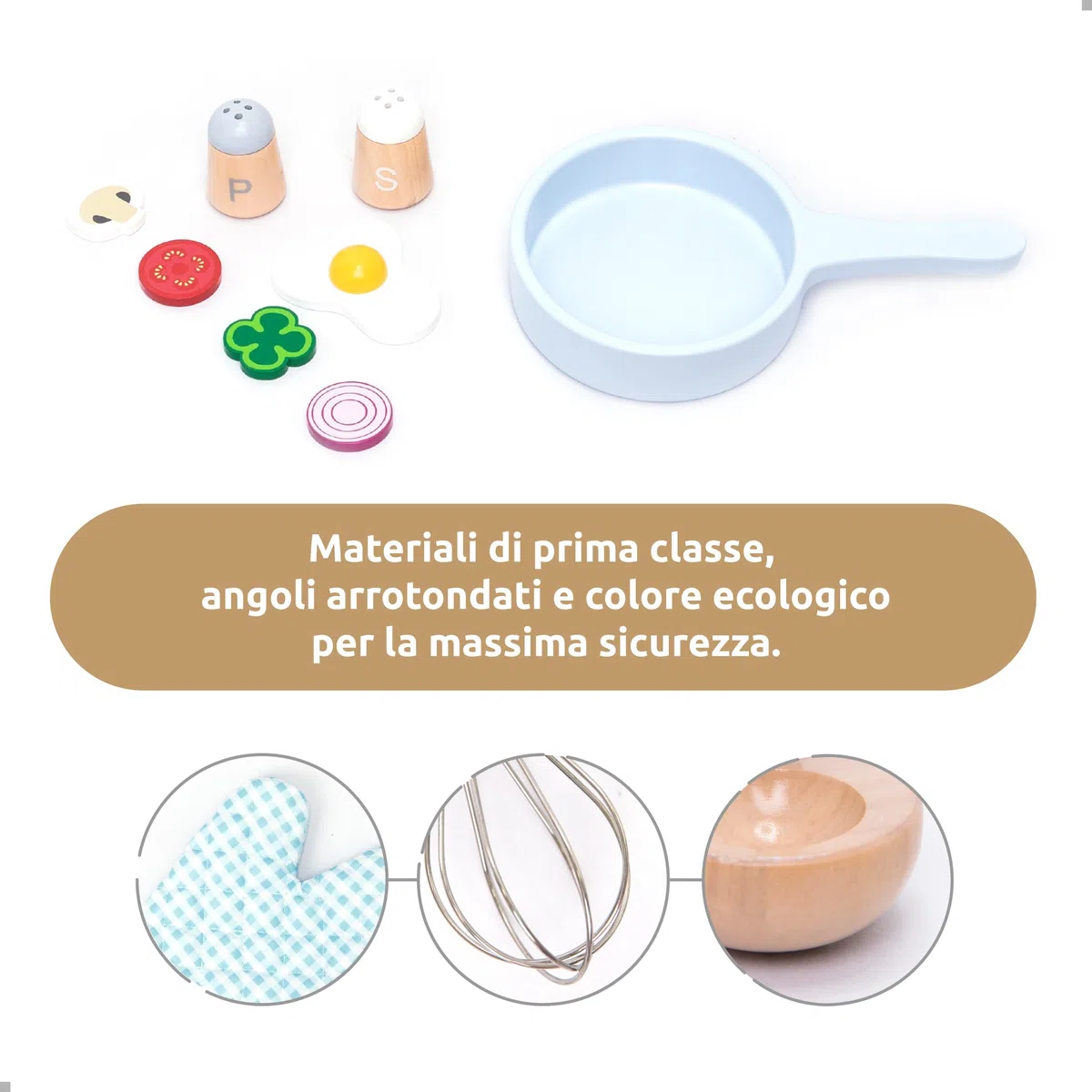 UMU - Kit da cucina in legno per bambini, con stoviglie, pentole, padelle, grembiule, cibo