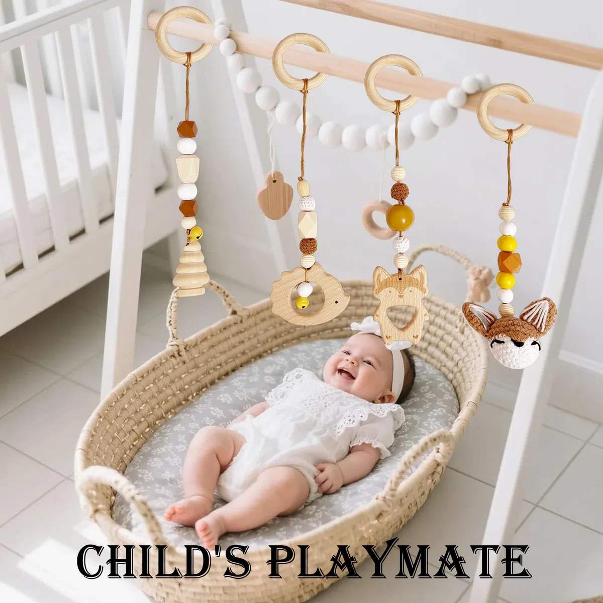4 Pezzi Palestrina Neonato Montessori, Palestrina Neonato Legno, Giochi per Passeggino da Appendere, Baby Gym con Ciondolo in Legno, per Il Gioco e Il Fitness dei Bambini (Marrone)