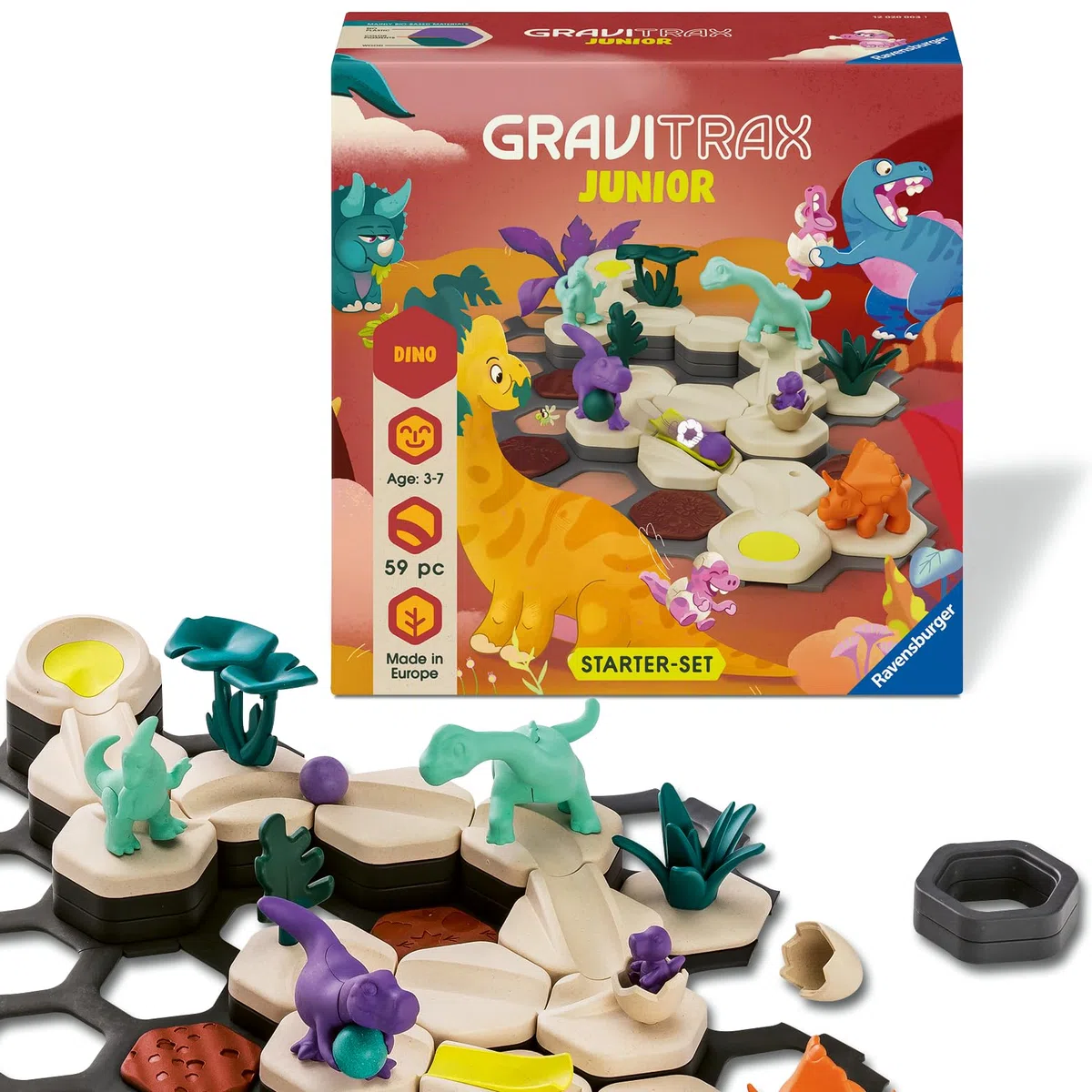 Ravensburger - GraviTrax Junior Dino Starter-Set, Pista biglie 59 pezzi, Rompicapo bambini, Giochi bambini 3 anni e più, Gioco Interattivo ed Educativo STEM, Compatibile con tutti i GraviTrax