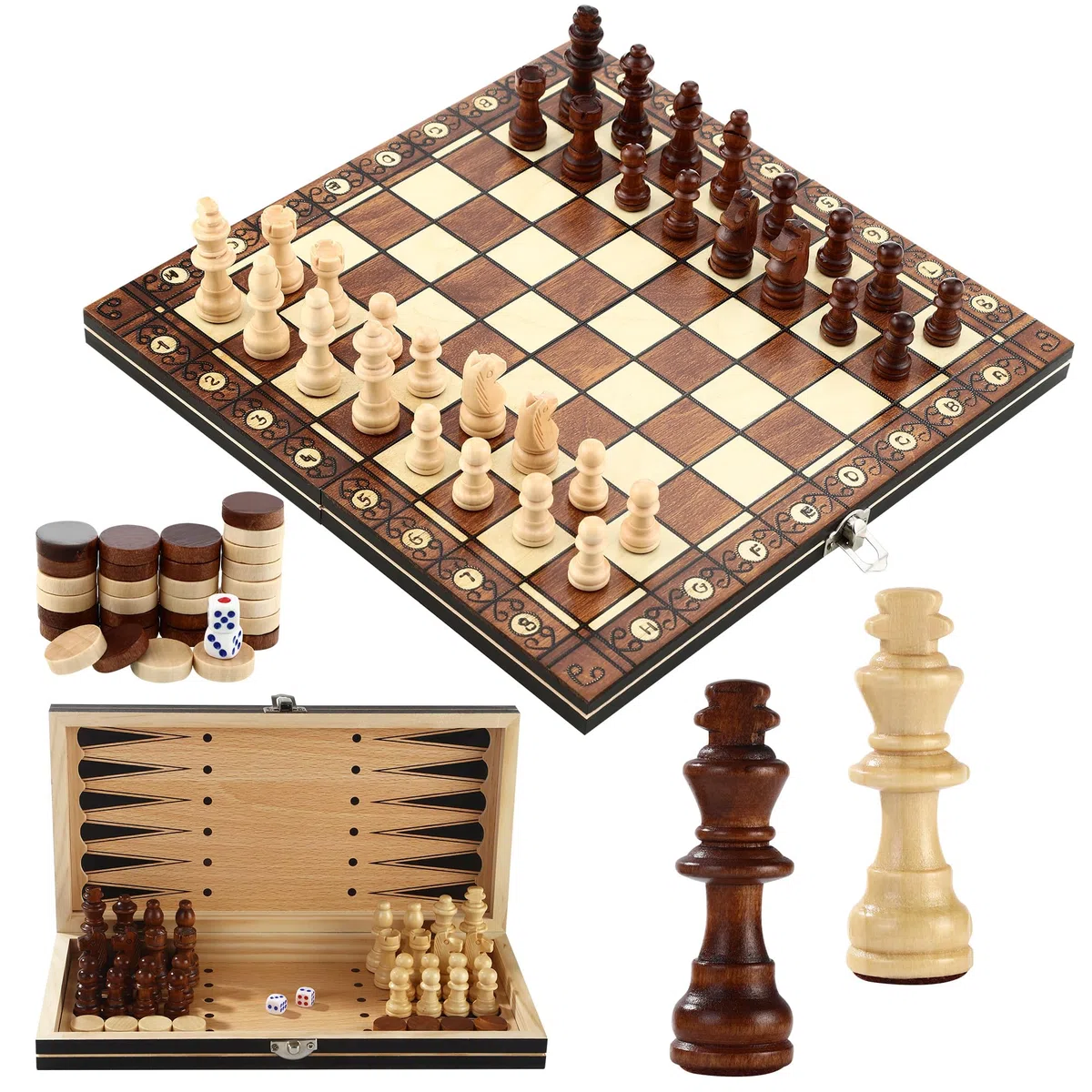 Scacchiera in Legno 3 in 1 - 29x29cm Magnetica e Portatile - Dama Gioco da Tavola per Bambini, Adulti, Feste, Attività Familiari