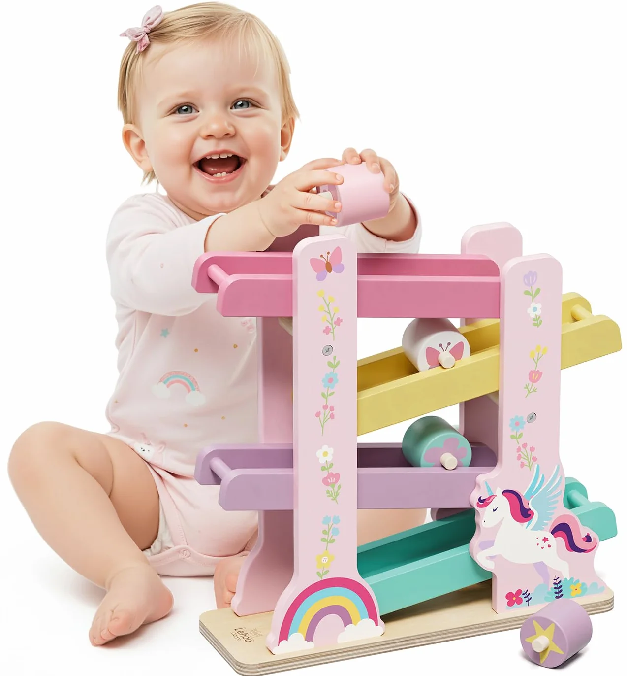 Lehoo Castle Giocattoli Montessori 1 Anno, Rampa in Legno Unicorno per Bambina, Pista con 4 Roller, Gioco Educativo in Legno, Regalo Bambina 1 2 Anni