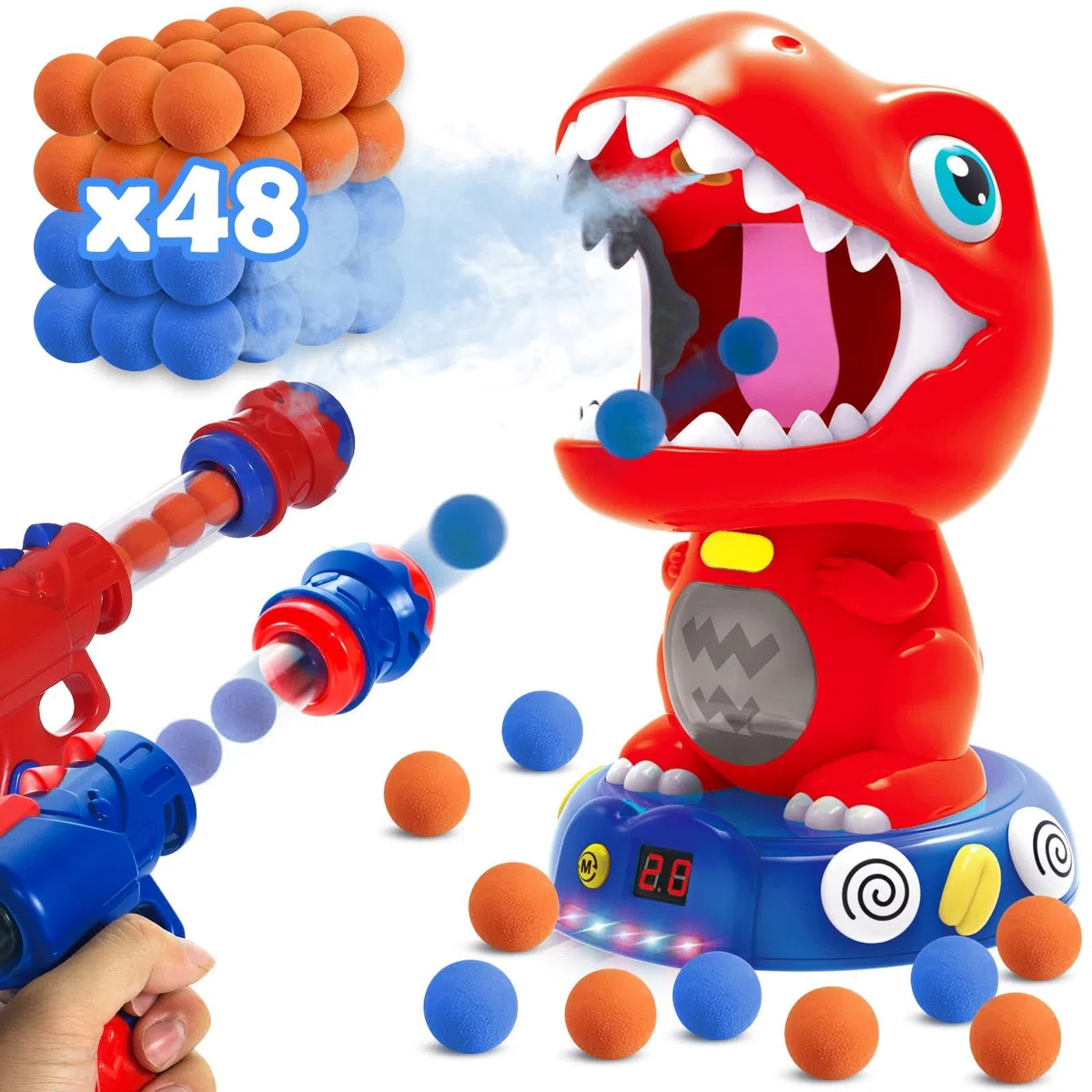 JIZZU Dinosauri Giocattolo,Dinosauro Che Spara Mobile Giocattoli,con 2 Pompa ad Aria Compressa Strumento di tiro Display Numerico a LED e Il Suono Giocattolo per Bambini