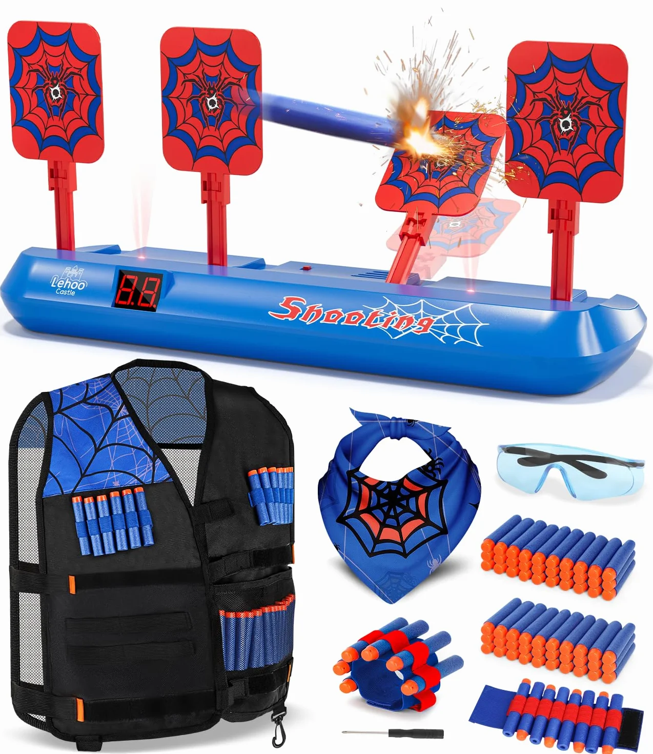 Lehoo Castle Bersaglio Nerf, Tiro al Bersaglio Bambini con Pistola Giocattolo, Gilet tattico, Regalo di Natale, Spider Giochi Bambino 5 6 7 8 9 Anni