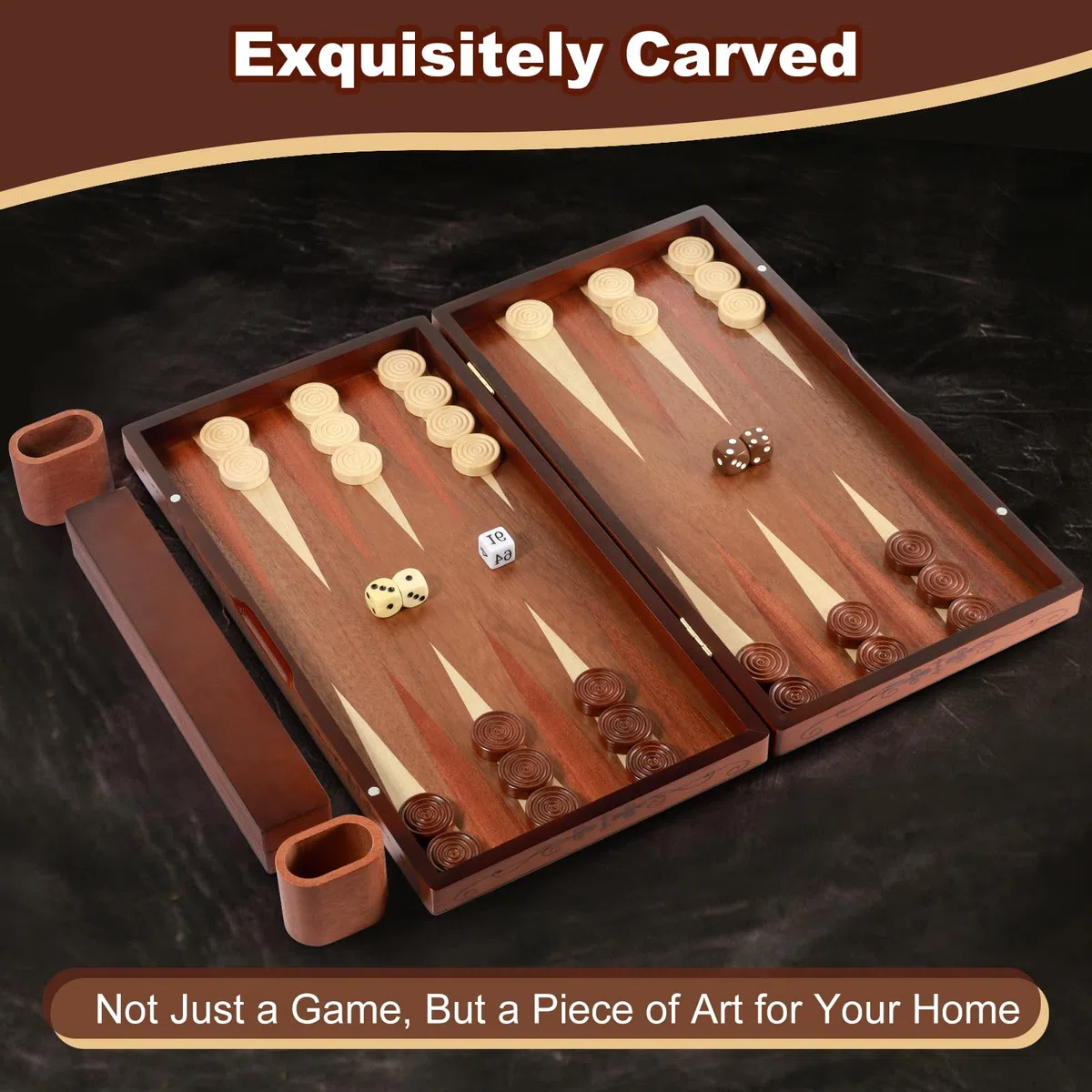 Lussuoso set da backgammon in legno fatto a mano - grande tavola da viaggio pieghevole da 16'' (40,6 cm) con pezzi di grandi dimensioni e scatola portaoggetti, gioco di strategia premium per due