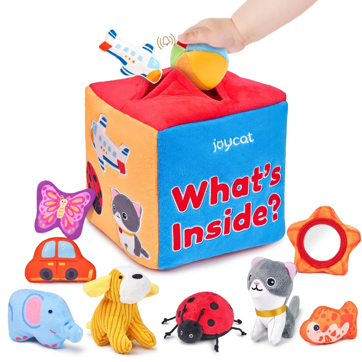 JoyCat Giochi Neonato 6-12 Mesi - Scatola Morbida misteriosa con 10 Pezzi di Giocattoli Sensoriali, Sonaglio, Specchio, Giochi Montessori Sensoriale per Bambini Regalo Bimbo Bimba