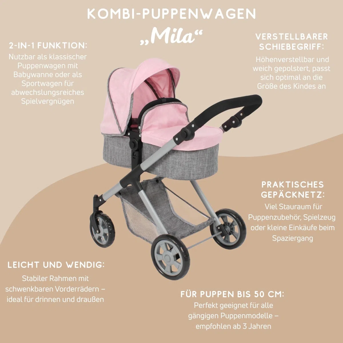 Bayer Chic 2000 Carrozzina 2 in 1 Mila – Melange grigio-rosa – Manico regolabile in altezza 39-72 cm – Telaio moderno – Bambole fino a 50 cm – 3-7 J