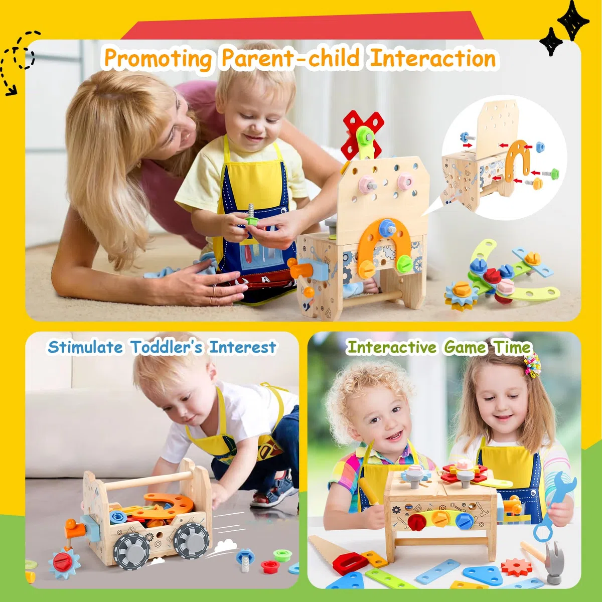 Cassetta Attrezzi Bambini Giochi in Legno Giochi Bambini 2 Anni, Banco da Lavoro, Costruzioni per Bambini Giochi Interattivi Educativi Regalo Bimbo 2 3 4 Anni Attrezzi Giocattolo Bambini (52 Pezzi)