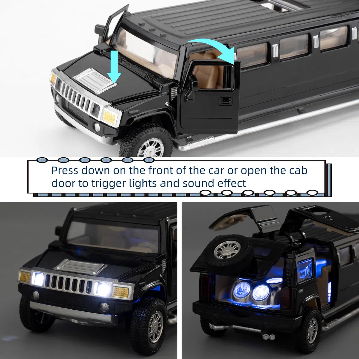 Hummer H2 Modello di auto 1/32, giocattolo di auto Diecast con suono e luce, in lega espandibile, per adulti, bambini, ragazzi e ragazze, nero