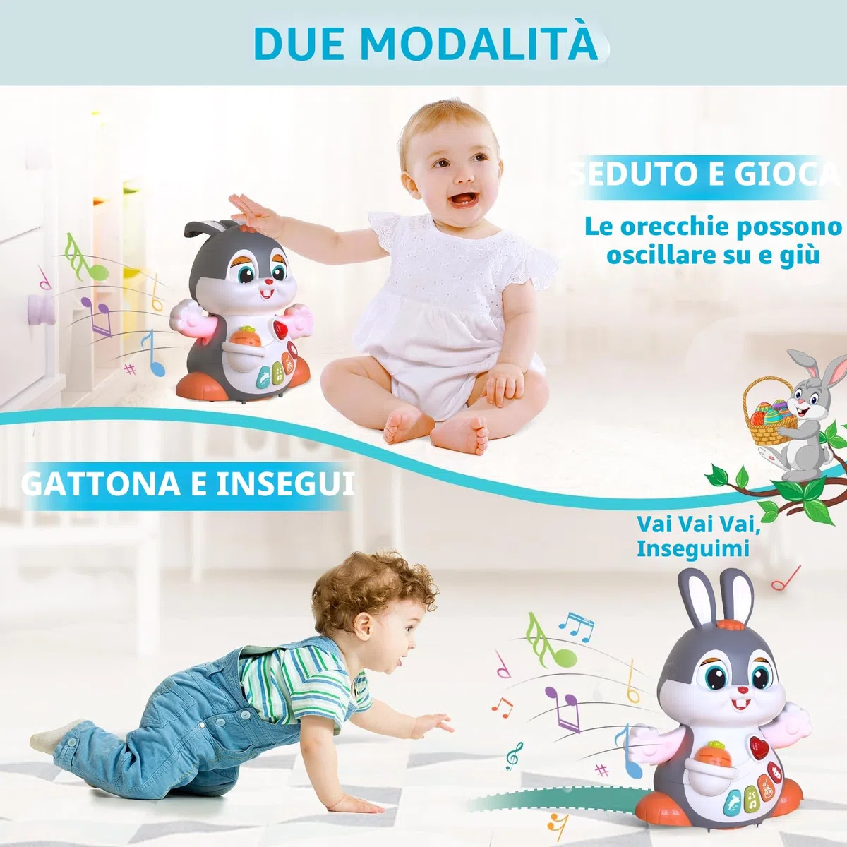 MOONTOY Giochi Musicali per Neonati, Coniglio Strisciante Interattivi con Musica e Luce,Natale Regalo Bambini 1 2 Anni 6 7 8 9 10 11 12 18 Mesi (HA9991)