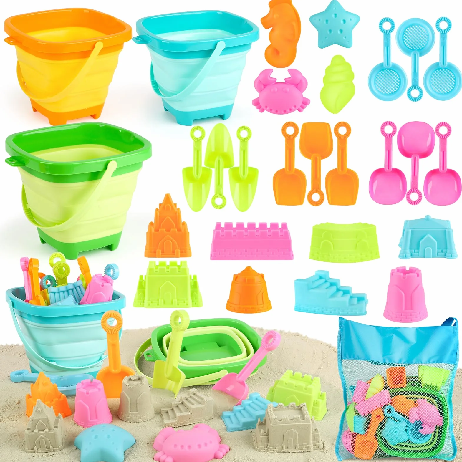 YIMORE Giochi Spiaggia Bambini, 28 PCS Sabbia Giocattoli da Viaggio con Secchiello Pieghevole Bambini, Giochi Mare per Bambini Ragazzi Ragazze