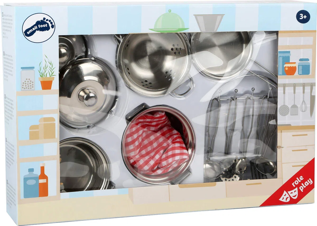8968 Set stoviglie per cucina bambini "Gustav" in metallo small foot, incl. guanto da forno ed utensili di cucina, per cucine da gioco, a partire da 3 anni