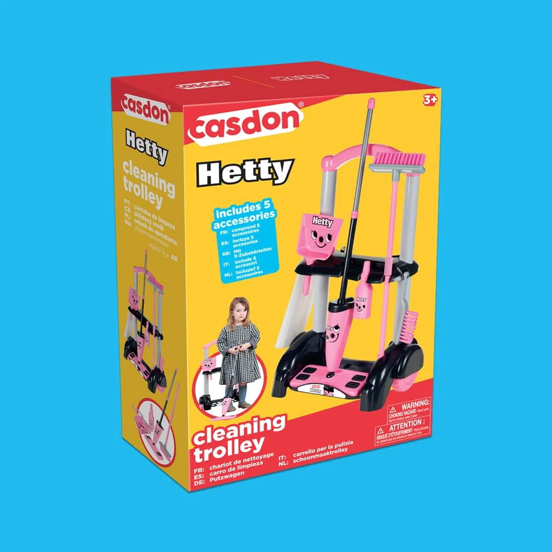 Casdon Giocattoli Henry & Hetty - Carrello per le pulizie Hetty - Set rosa ispirato a Hetty con scopa, spazzole, paletta e accessori - Carrello per le pulizie per bambini - Età: 3+ anni
