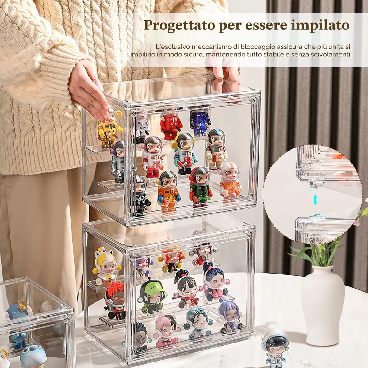 TSKDKIT Vetrina Espositiva Teca Acrilico Vetrinetta per Collezionismo 36x27x22cm Trasparente Espositore con Porta Antipolvere Teca per Lego Modellismo, Pop Mart, Figure