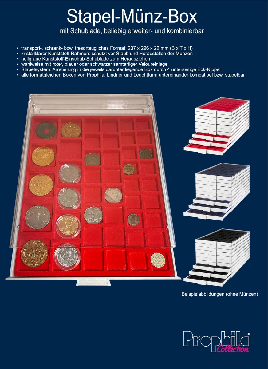 Prophila Box per monete, grigio, 48 scomparti angolari per monete fino a 30 mm (1 Oz. Canada/Maple Leaf Gold), inserire rosso