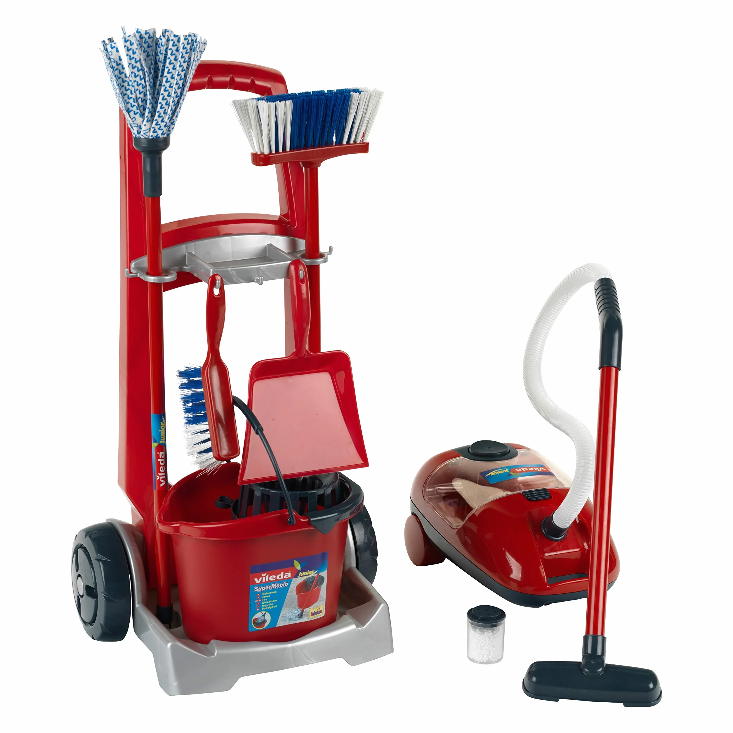 Theo Klein 6742 Carrello delle Pulizie Vileda con Scopa, mocio, Secchio e Molto Altro, con aspirapolvere a batterie con Funzione di aspirazione e Sonora, Giocattolo per Bambini a Partire dai 3 Anni
