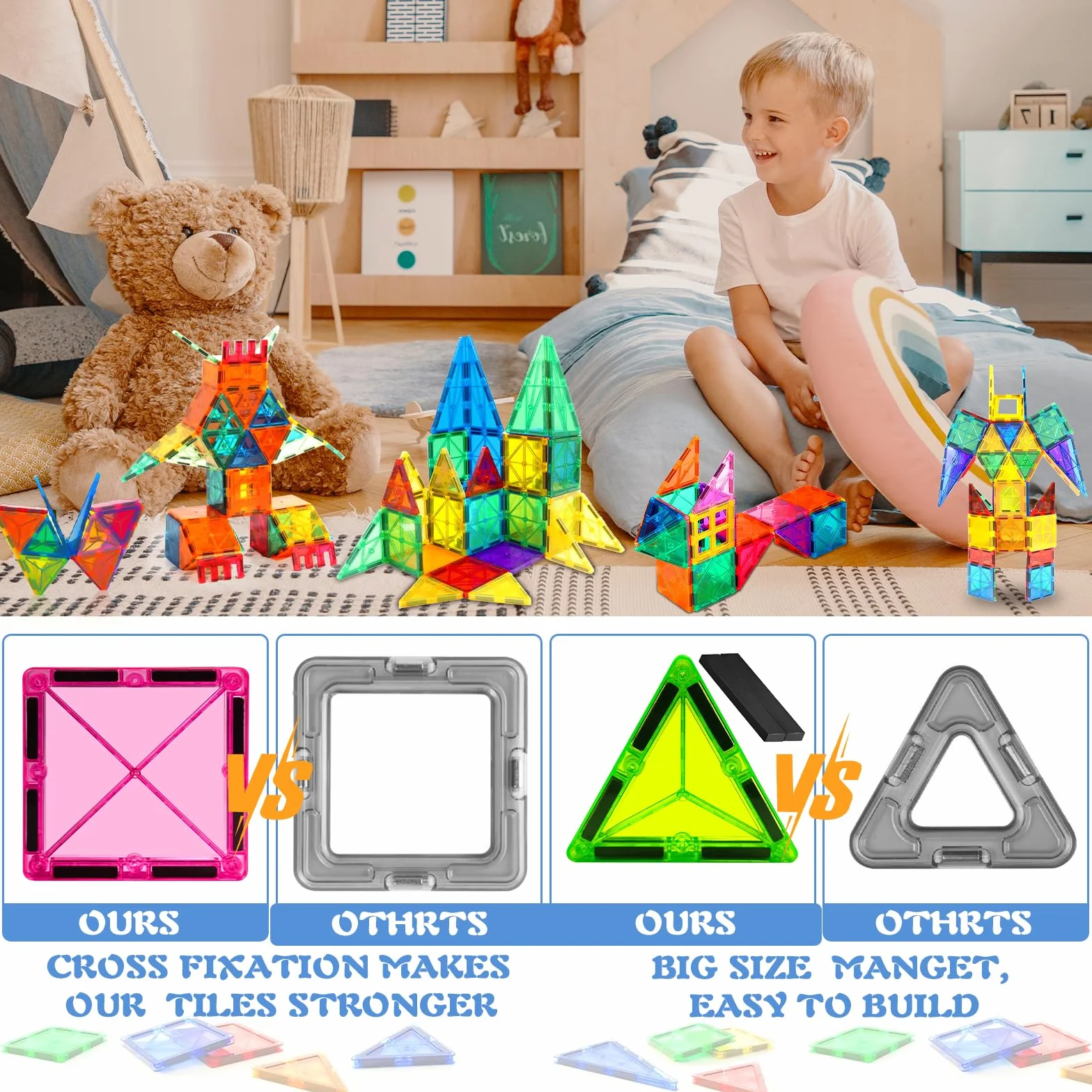 50 PCS Costruzioni Magnetiche per Bambini, Blocchi Magnetici Colorati Quadrati e Triangolari, Forte Adesione Magnetica, Con Sacchetto di Stoccaggio e Manuale, Adatto a Bambini dai 3 Anni