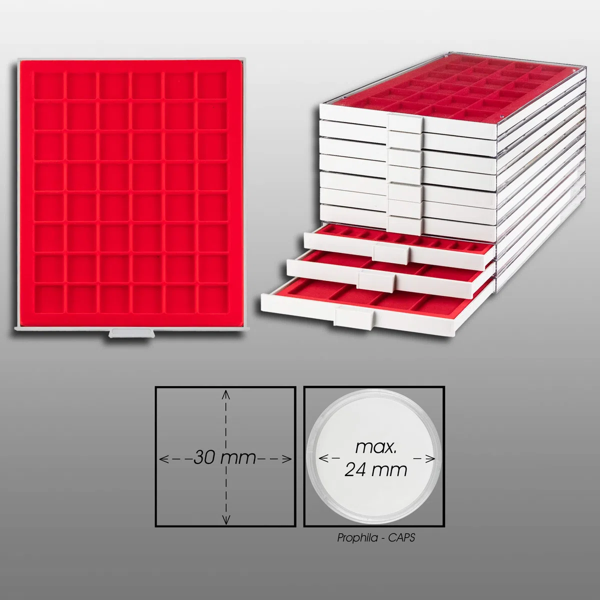 Prophila Box per monete, grigio, 48 scomparti angolari per monete fino a 30 mm (1 Oz. Canada/Maple Leaf Gold), inserire rosso