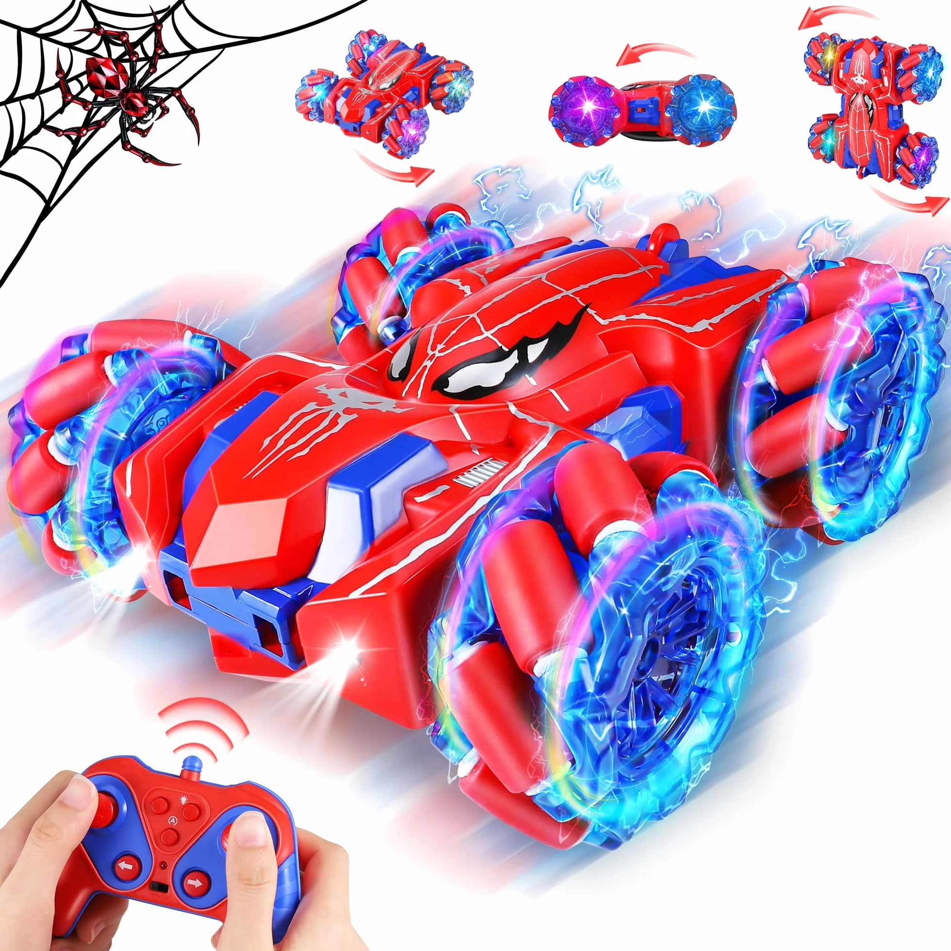 Spider Macchina Telecomandata - 2.4Ghz Salti mortali a 360° Doppio Lato Monster Truck per Ragazzi di 4 5 6 7 8 Anni, 4WD RC Auto Acrobatica con Luci Fredde, Compleanno Regali di Natale Giocattoli