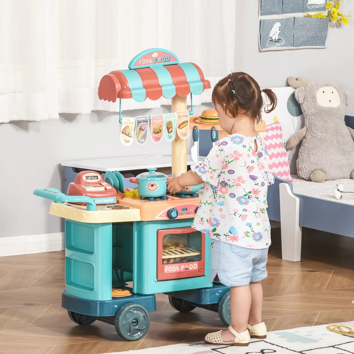 HOMCOM Cucina Giocattolo Per Bambini 3-6 Anni, Caffetteria Ristorante con 50 Accessori Inclusi, 79.5 x 33 x 90.5cm
