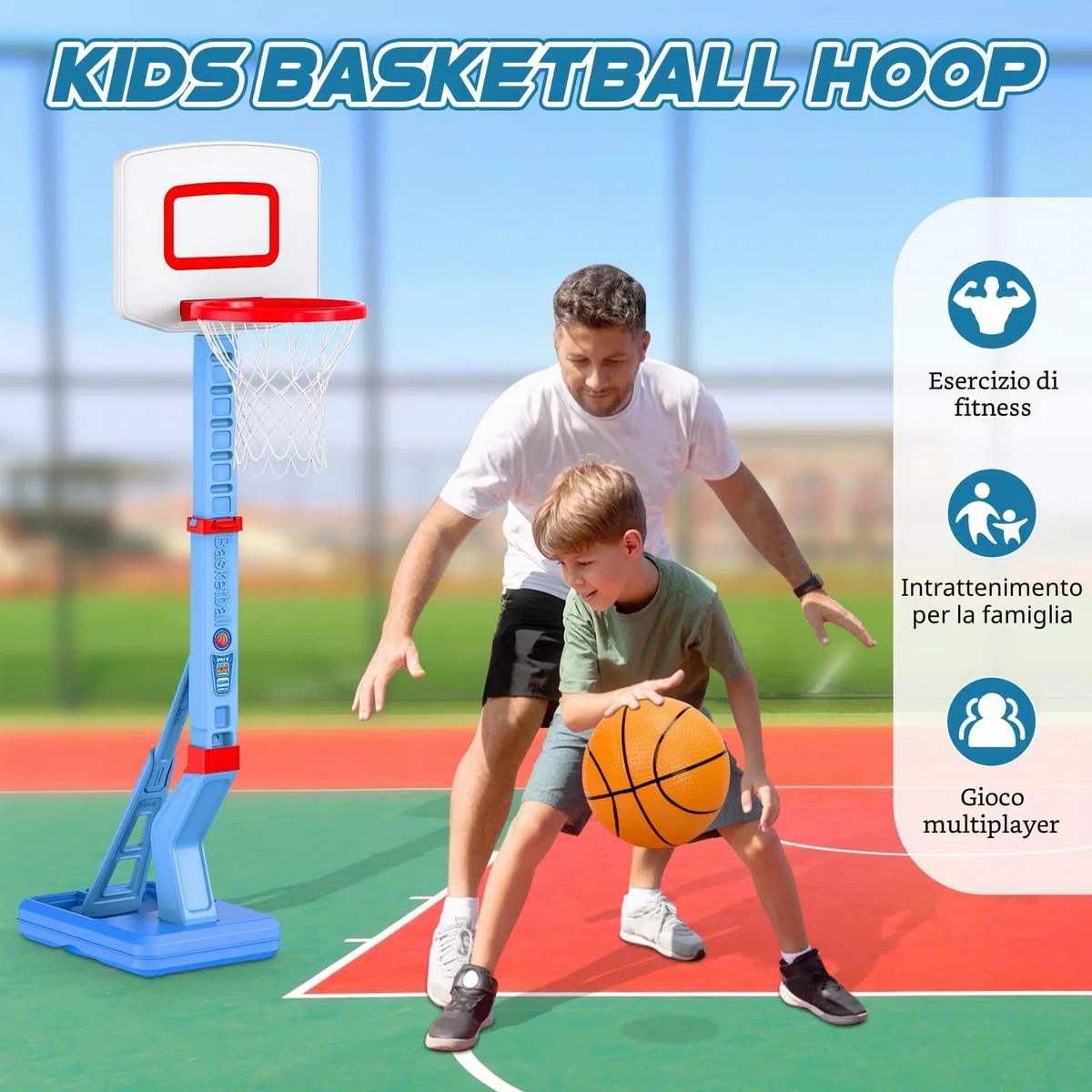 Canestro Basket Bambini, Altezza Regolabile 70-138 CM Con Supporto Mini Canestro Basket Da Camera Per Giochi Per Bambini Dai 3 Agli 8 Anni-Blu