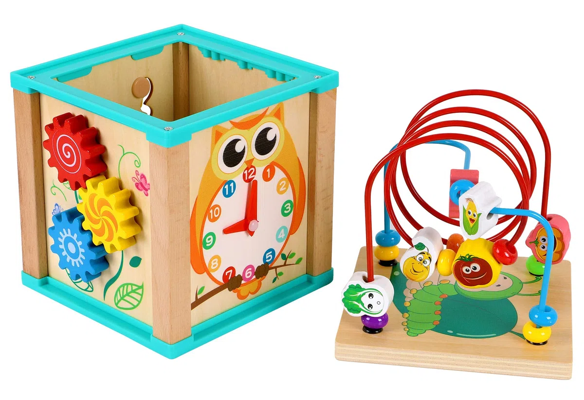 TOWO - Cubo di attività in Legno con Perline Labirinto, 5 attività, Montagne Russe, Ingranaggi, Ingranaggi, Orologio a Zig Zag, Giocattoli educativi per Bambini, Giocattoli educativi in Legno per