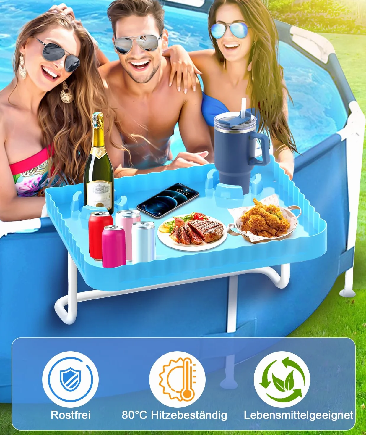 Piscina bar, tavolo da piscina, per piscine fuori terra, rotonde, rettangolari/ovali, portatile, tavolo da terrazza per piscina, accessori per piscina, blu